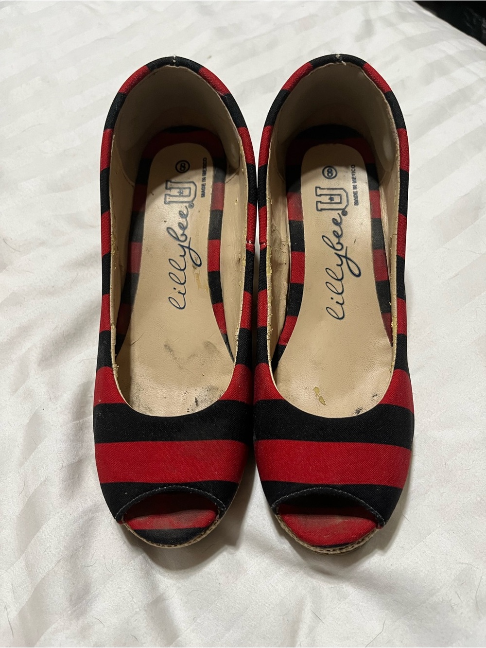 Red and Black Striped Peep-Toe Flats